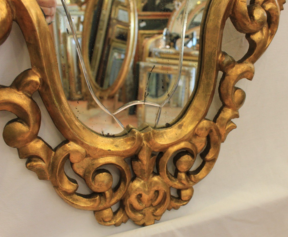 Italian Mirror Carved, Openwork, Contoured And Gilded Wood 52 X 82 Cm-photo-2