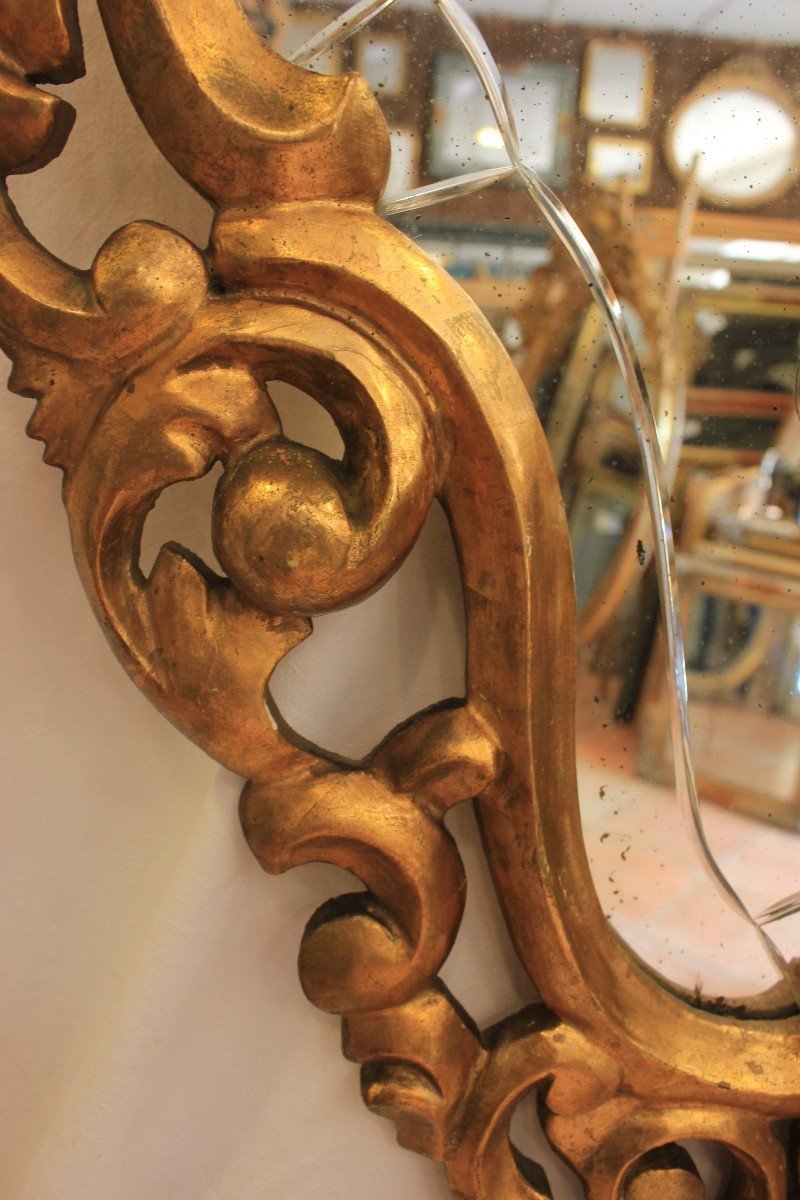 Italian Mirror Carved, Openwork, Contoured And Gilded Wood 52 X 82 Cm-photo-3