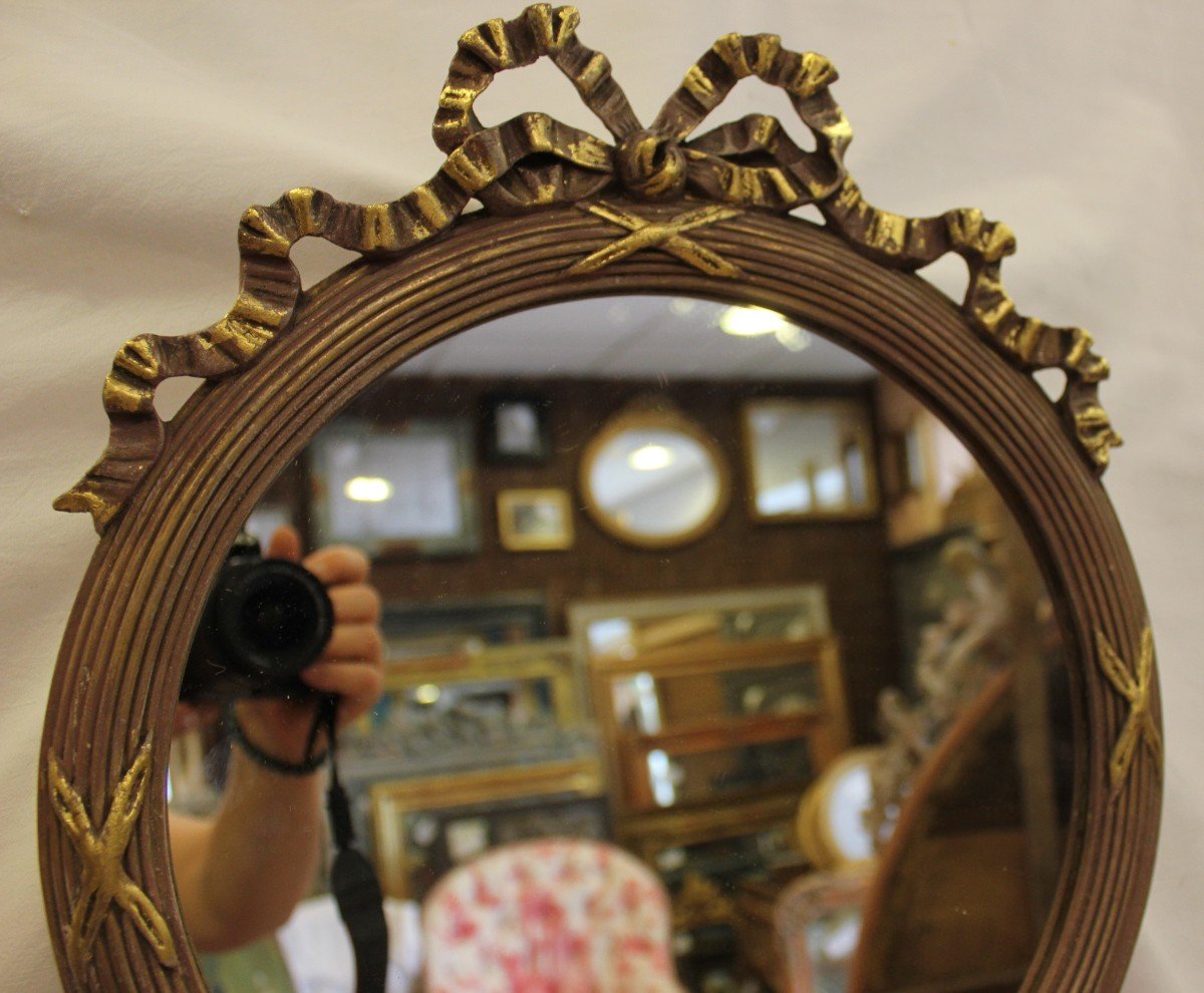 Pair Of Round Mirrors Node And Braces Louis XVI, Patina And Gold Leaf 35 X 40 Cm-photo-4