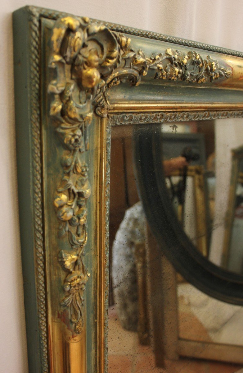 Miroir Ancien Rectangle,  Décor De Fleurs, Feuille d'Or Et Patine, Glace Mercure 84 X 111 Cm-photo-4