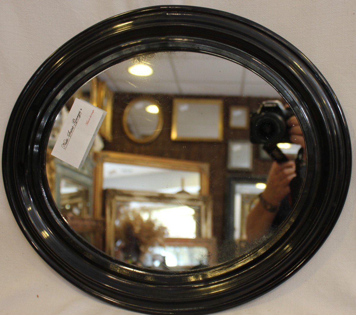 Miroir Napoléon III, Ovale Bois Noirci Laqué, Glace Mercure  34 X 39 Cm