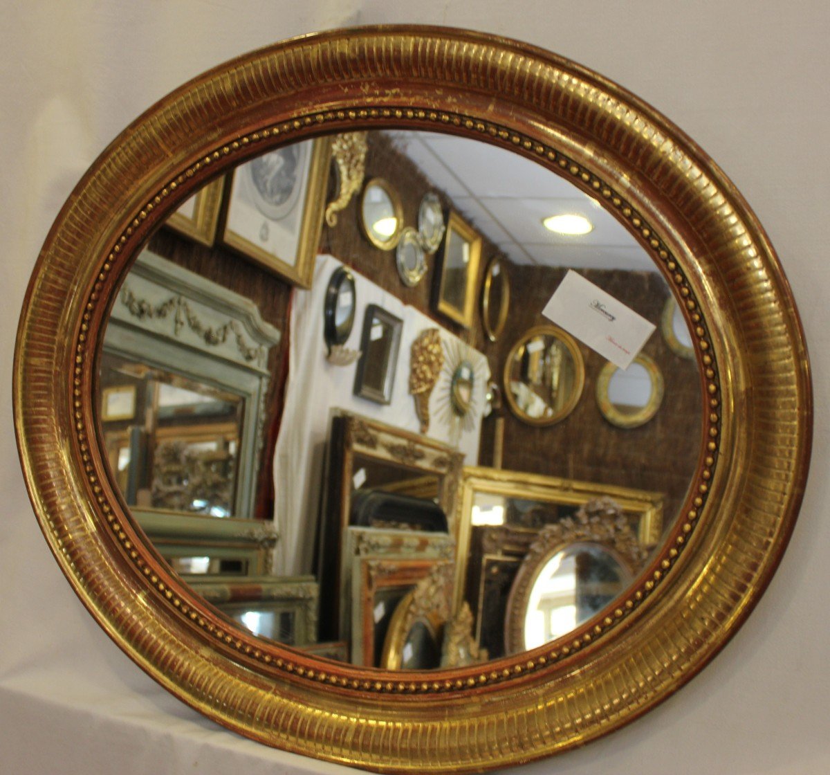 Miroir Ovale Louis Philippe perlé, Feuille d'Or d'Origine Patinée 55 X 65 Cm-photo-2