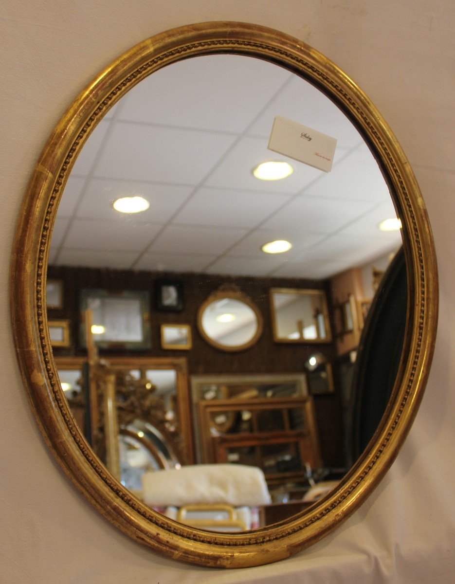 Suite de Miroir Ovale Moulure Demi-jonc Perlée, Feuille d'Or 43 X 51 Cm-photo-3