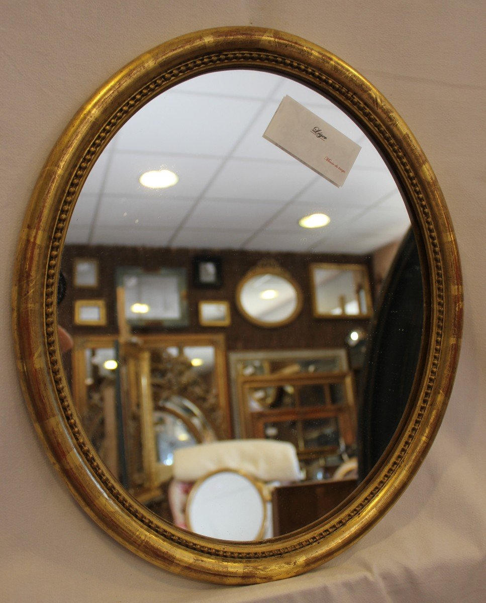 Oval Mirror Beaded Half-round Molding, Gold Leaf 43 X 51 Cm-photo-1