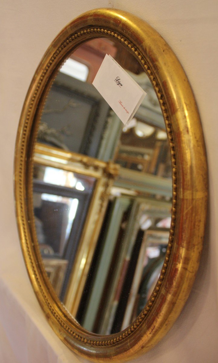 Suite de Miroir Ovale Moulure Demi-jonc Perlée, Feuille d'Or 43 X 51 Cm-photo-2