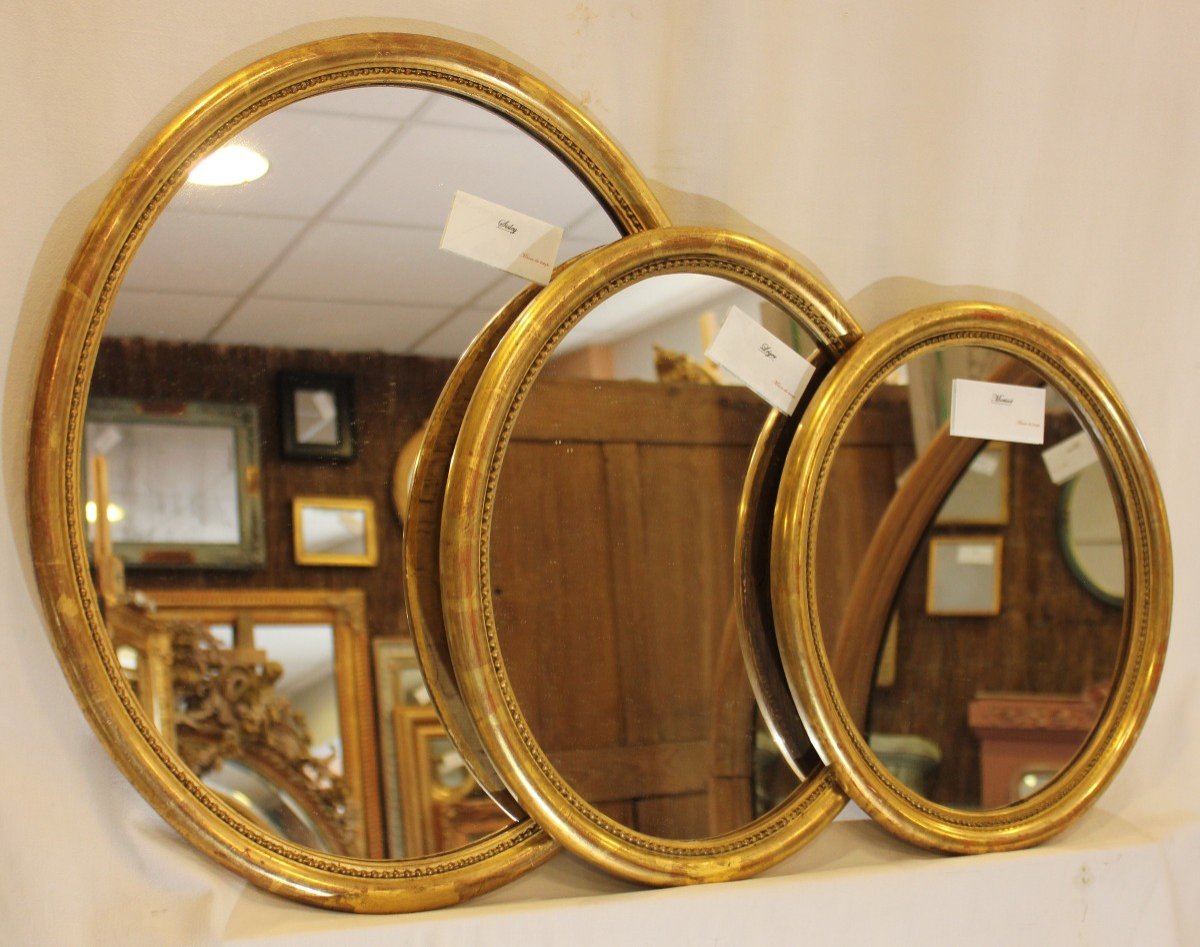 Oval Mirror Beaded Half-round Molding, Gold Leaf 43 X 51 Cm