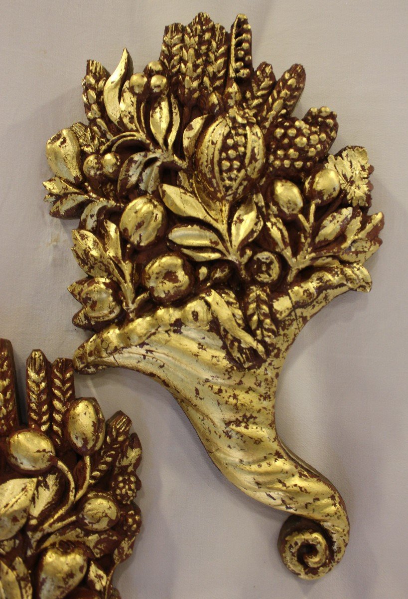 Pair Of Carved And Gilded Wood Cornucopias 42 X 25 Cm-photo-2