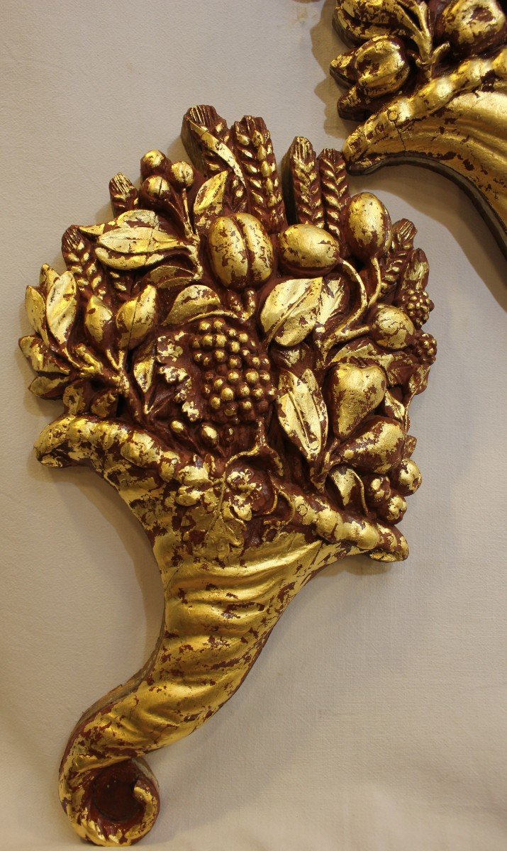 Pair Of Carved And Gilded Wood Cornucopias 42 X 25 Cm-photo-3