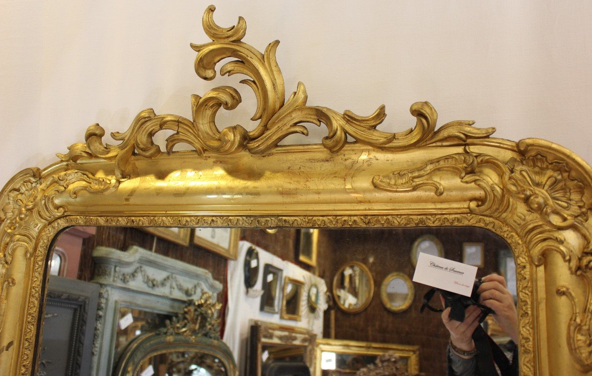 Miroir Ancien De Cheminée, Feuille d'Or Gravée 94 X 142 Cm-photo-3