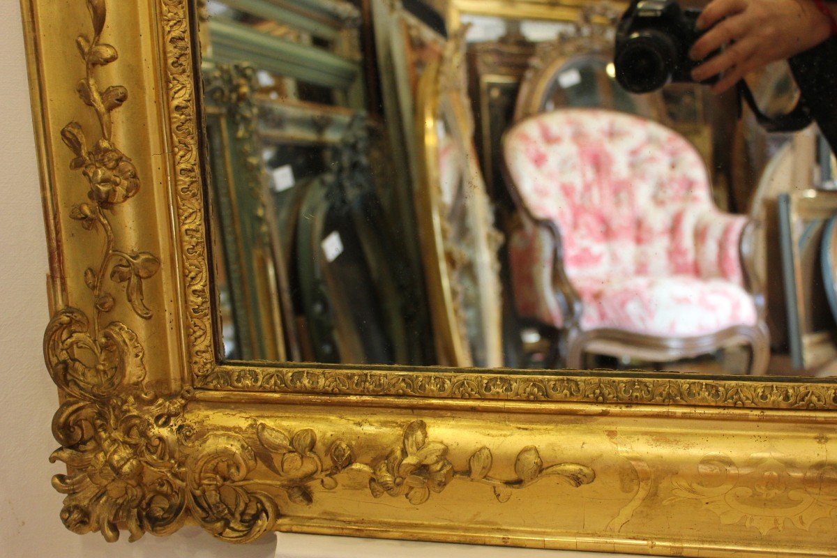 Miroir Ancien De Cheminée, Feuille d'Or Gravée 94 X 142 Cm-photo-1