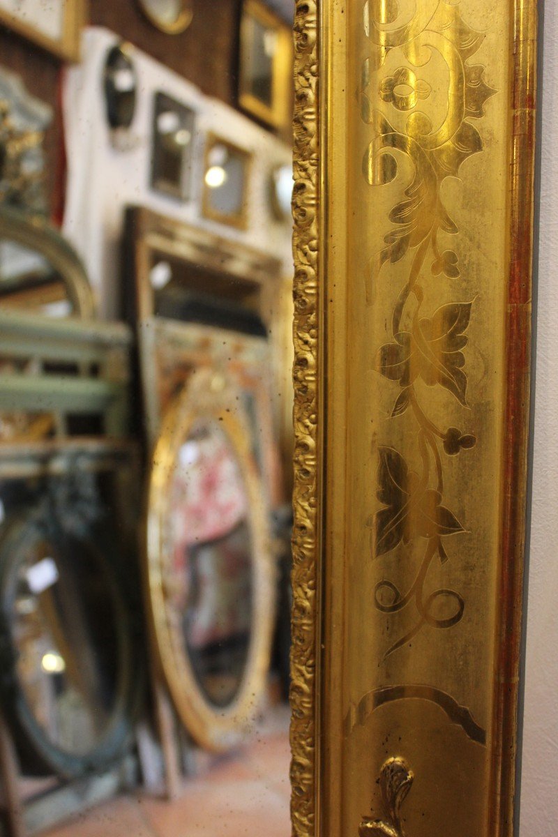 Miroir Ancien De Cheminée, Feuille d'Or Gravée 94 X 142 Cm-photo-3