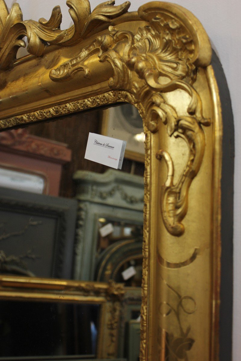 Miroir Ancien De Cheminée, Feuille d'Or Gravée 94 X 142 Cm-photo-6