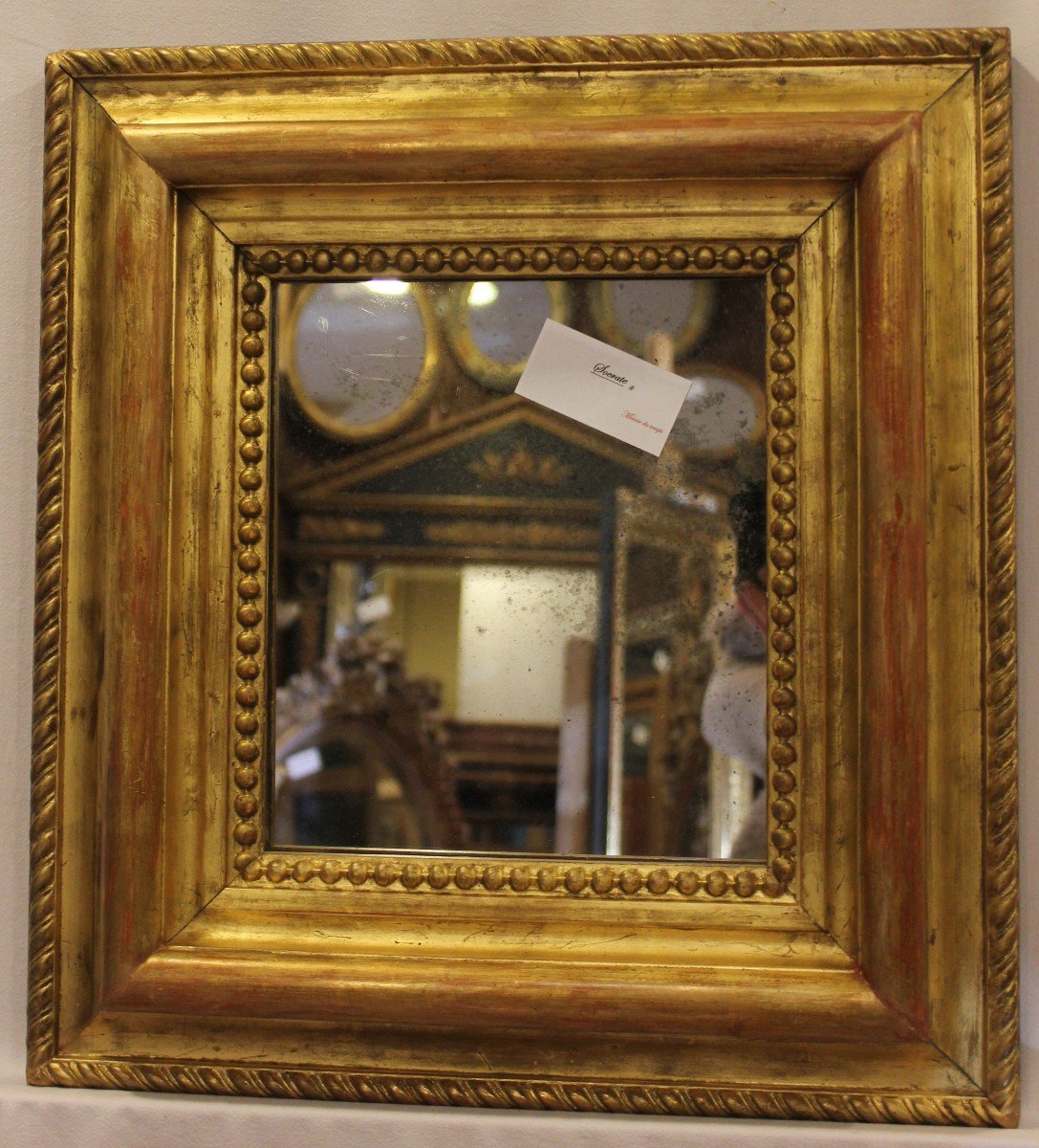 Antique Golden And Beaded Mirror, Square Format, Mercury Glass 43 X47 Cm-photo-2