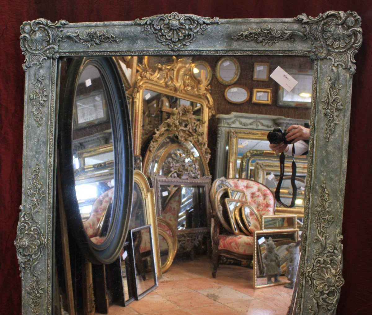 Antique Fireplace Mirror With Floral Decorations, Patina, Mercury Glass, 100 X 140 Cm-photo-2