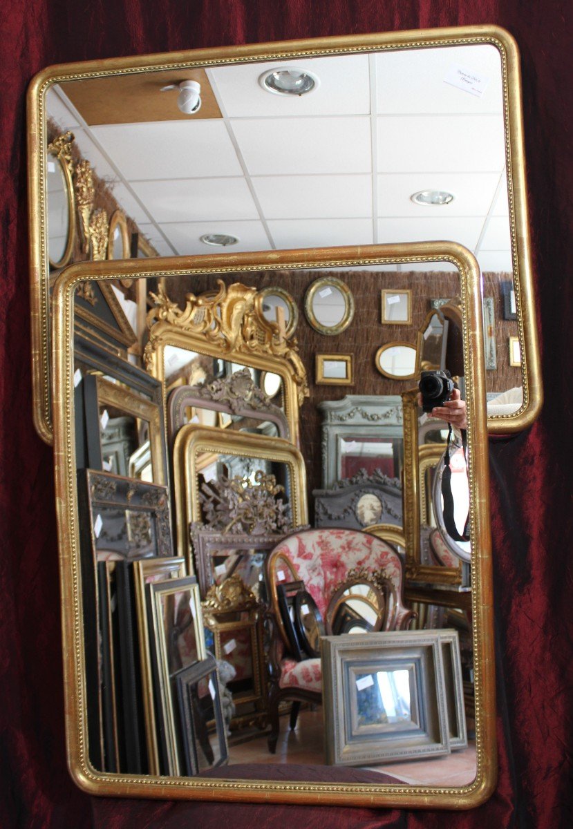 Large Pair Of Mirrors, Beaded Half Rush Molding, Gold Leaf 68 X 86 Cm