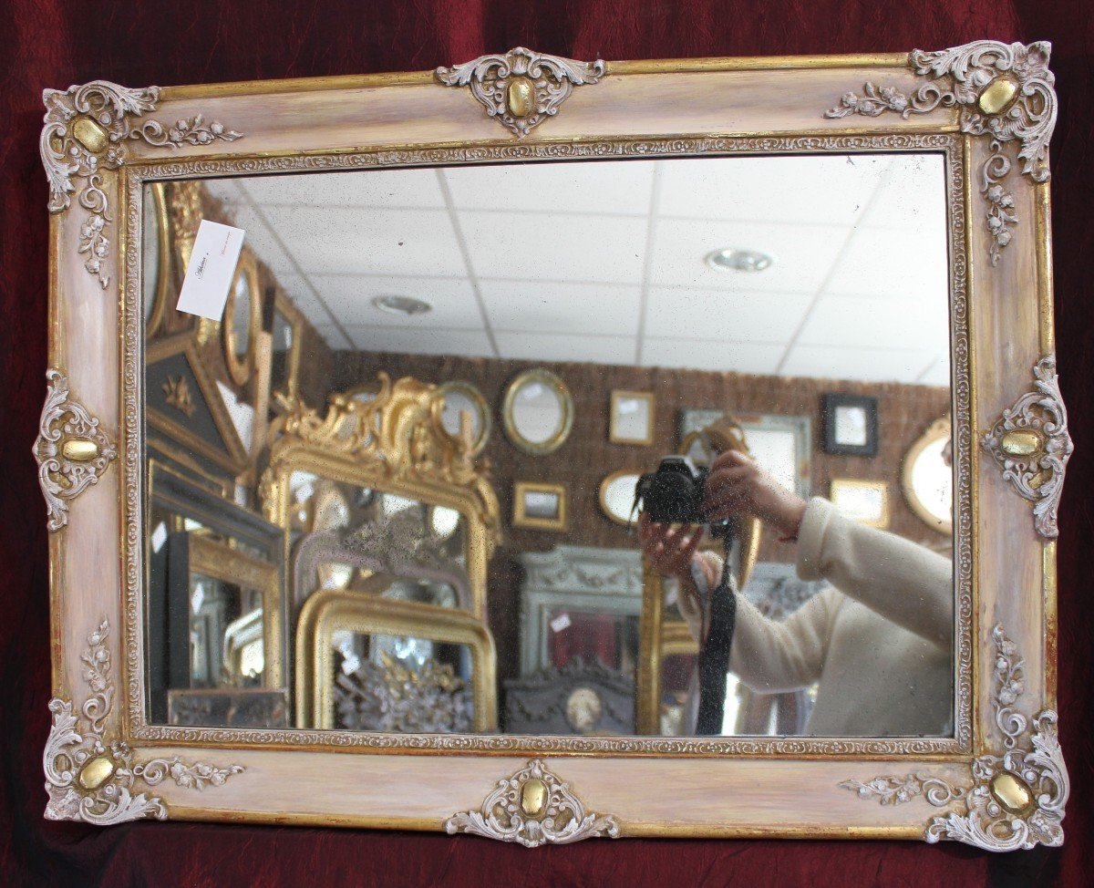 Antique Mirror, Rectangle Restoration, Pink And Gold Tone Patina, Mercury Glass 56 X 73 Cm