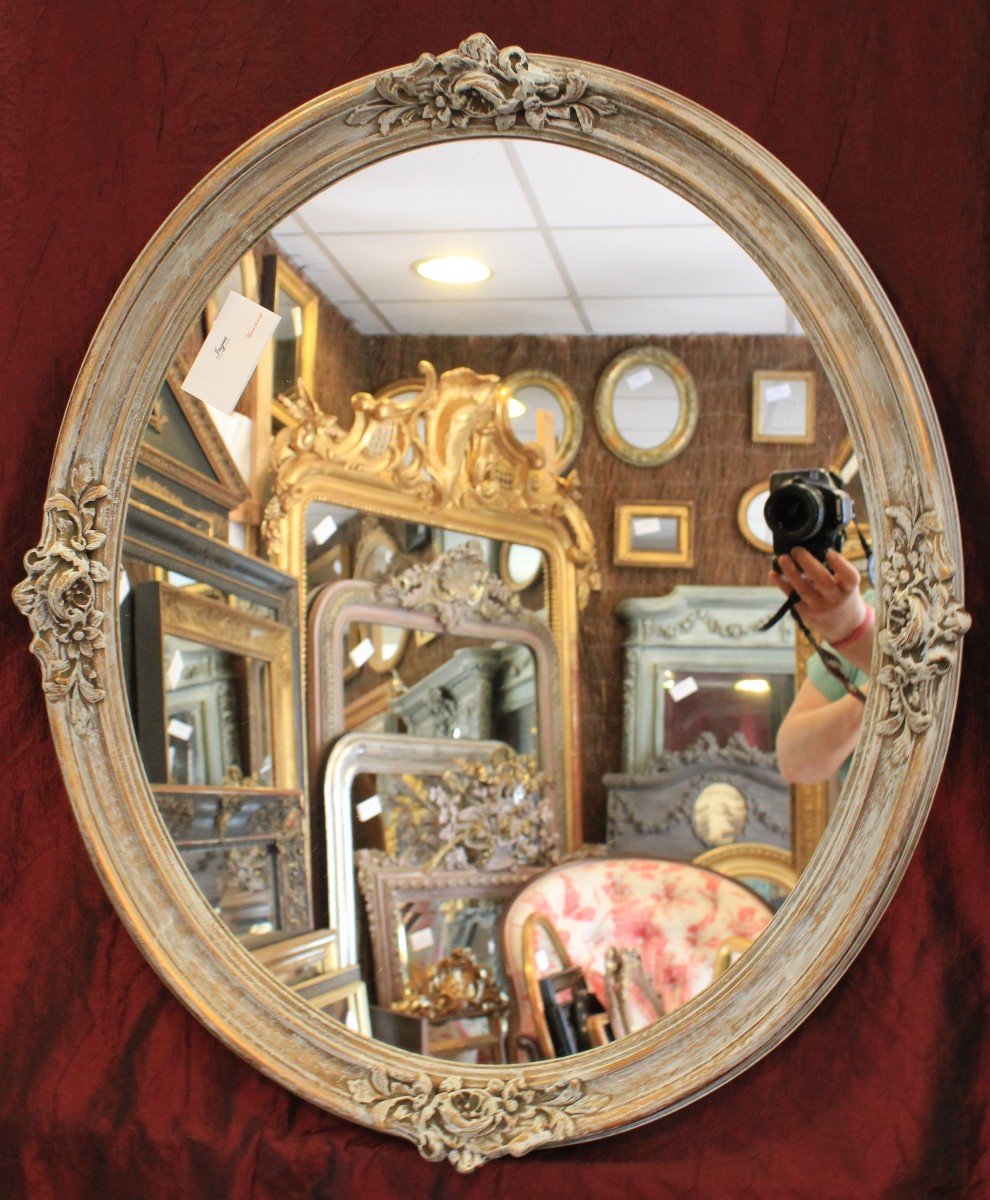 58 X 68cm Miroir Médaillon Ovale Patiné Et Doré