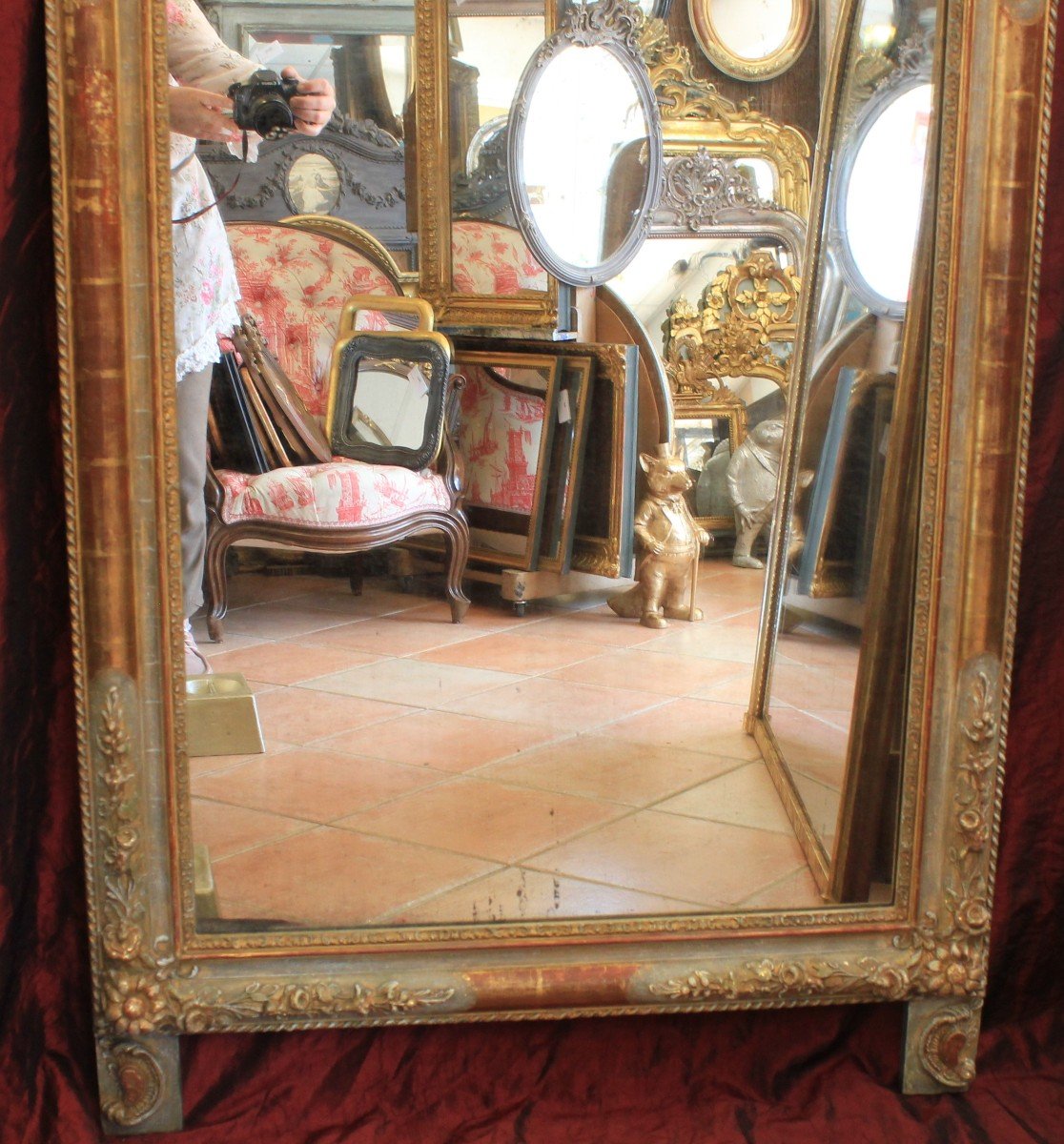 85 X 185 Cm Grand Miroir Ancien à Fronton, Feuille d'Or Et Patine, Glace Mercure-photo-3