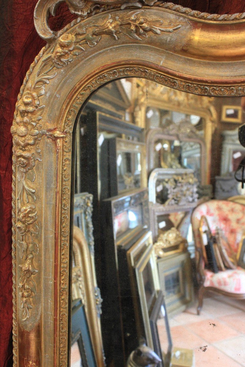 85 X 185 Cm Grand Miroir Ancien à Fronton, Feuille d'Or Et Patine, Glace Mercure-photo-4