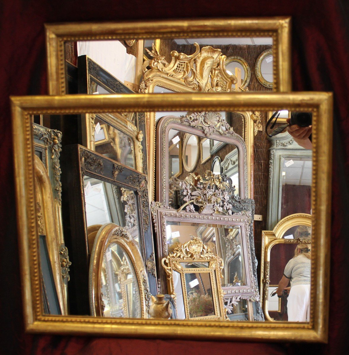 44 X 56 Cm, Paire De Miroirs Rectangle Feuille d'Or, Moulure Demi-jonc Perlée-photo-2