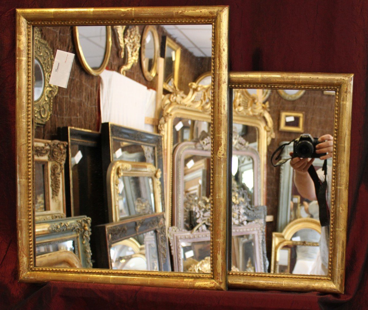 44 X 56 Cm, Paire De Miroirs Rectangle Feuille d'Or, Moulure Demi-jonc Perlée-photo-3