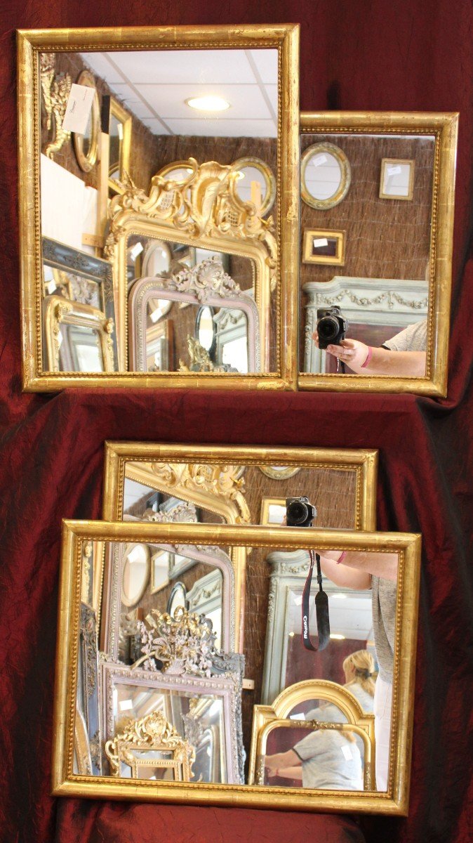 44 X 56 Cm, Paire De Miroirs Rectangle Feuille d'Or, Moulure Demi-jonc Perlée