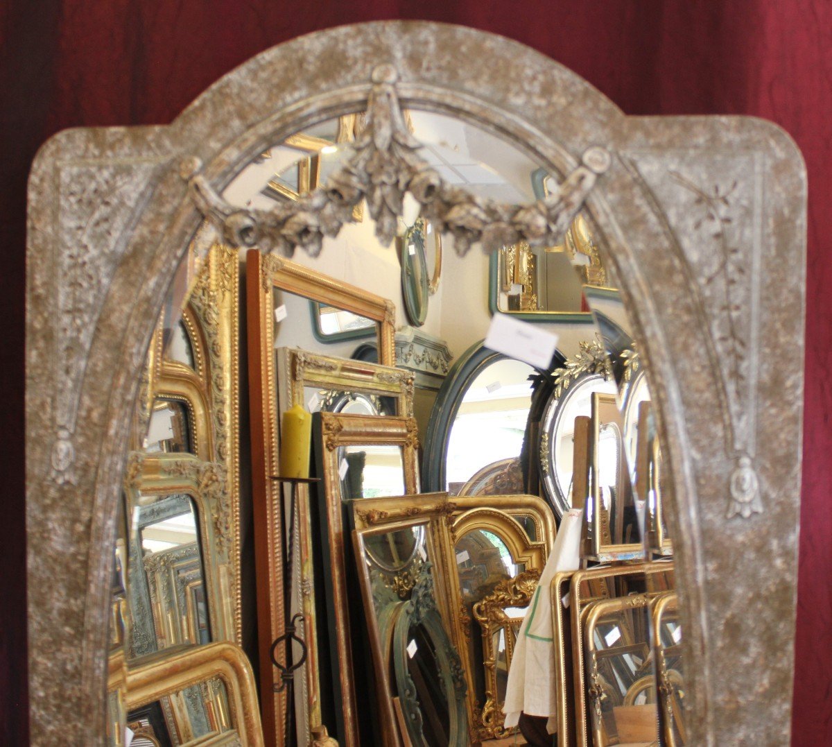 89 X 169 Cm, Large Louis XVI Style Full-length Mirror, Patinated Wood, Beveled Oval Glass-photo-2