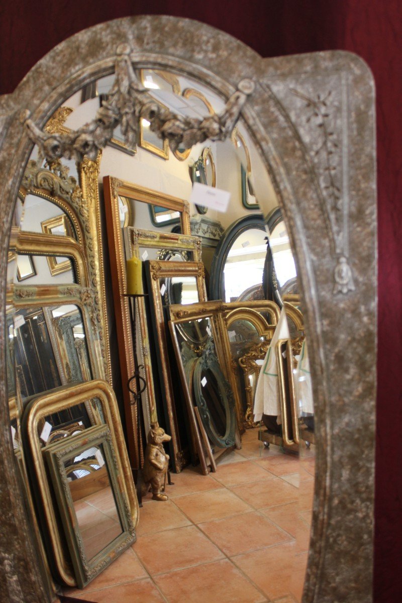 89 X 169 Cm, Large Louis XVI Style Full-length Mirror, Patinated Wood, Beveled Oval Glass-photo-3