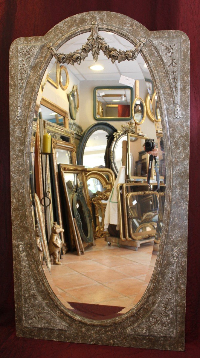 89 X 169 Cm, Large Louis XVI Style Full-length Mirror, Patinated Wood, Beveled Oval Glass