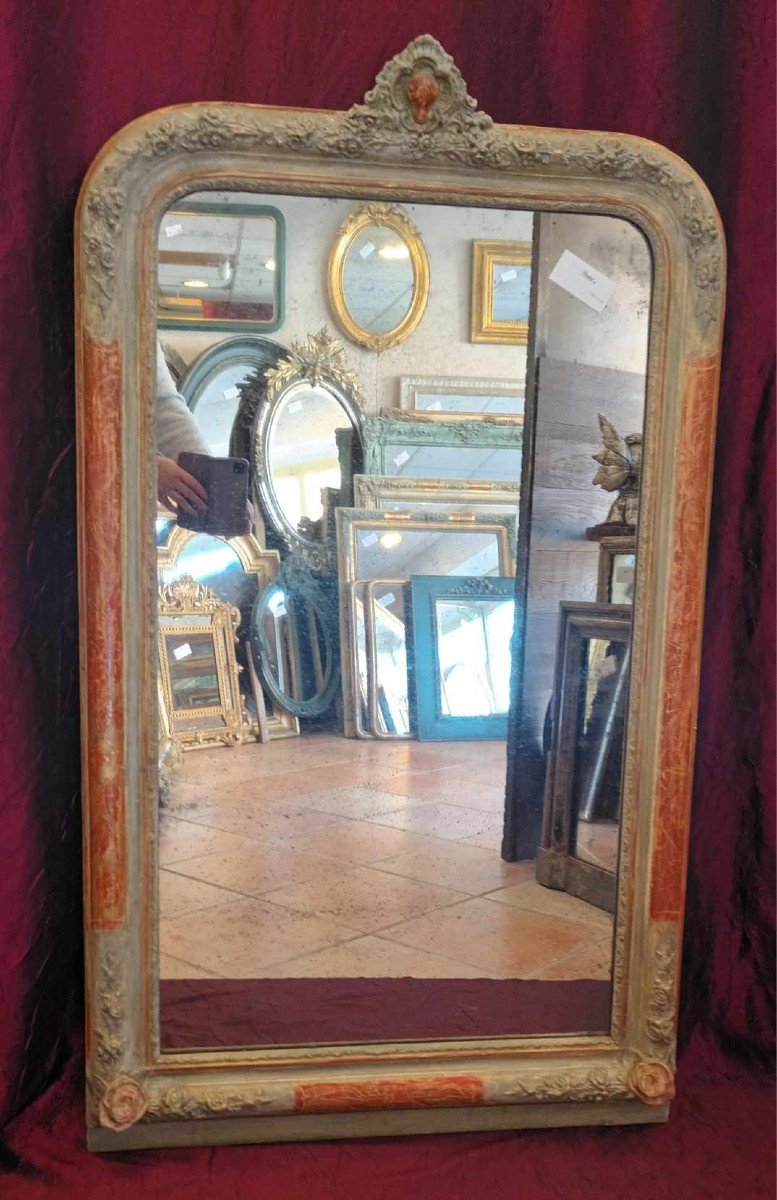 71 X 123 Cm Miroir Ancien étroit, Décors Fleurs, Glace Mercure