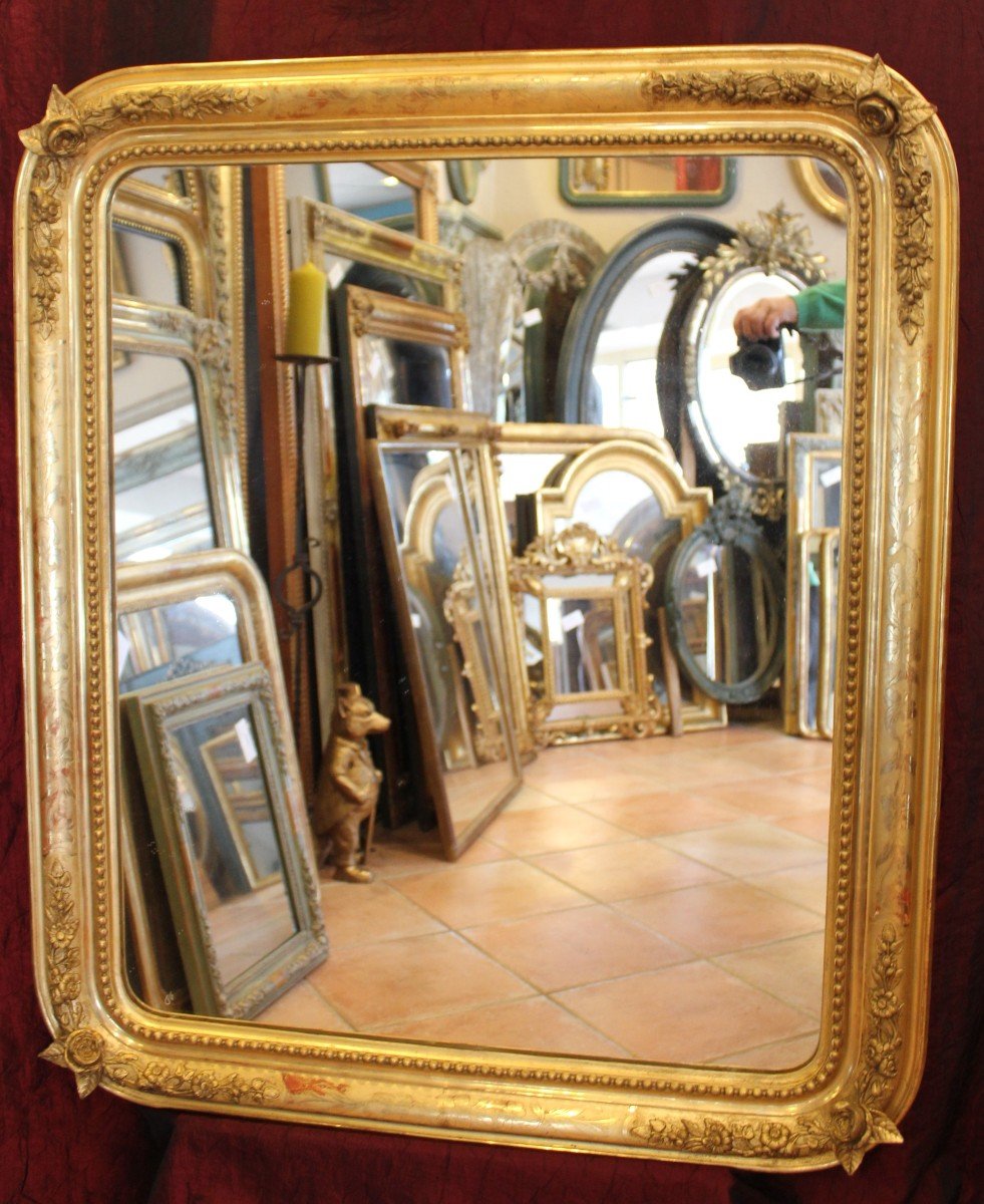 88 X 104 Cm Grande Paire De Miroirs Anciens Rectangles Perlés Feuille d'Or d'Origine -photo-3