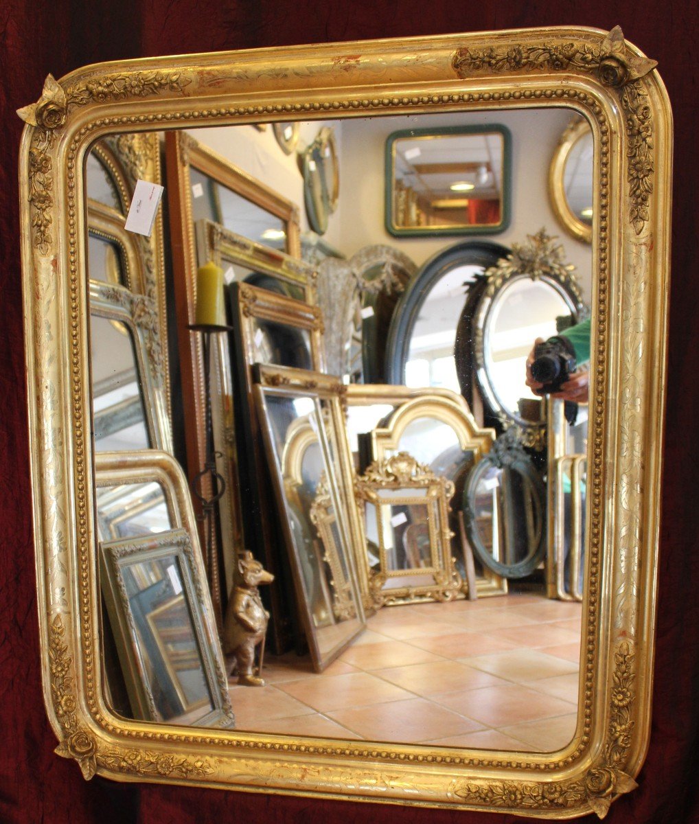 88 X 104 Cm Grande Paire De Miroirs Anciens Rectangles Perlés Feuille d'Or d'Origine -photo-4