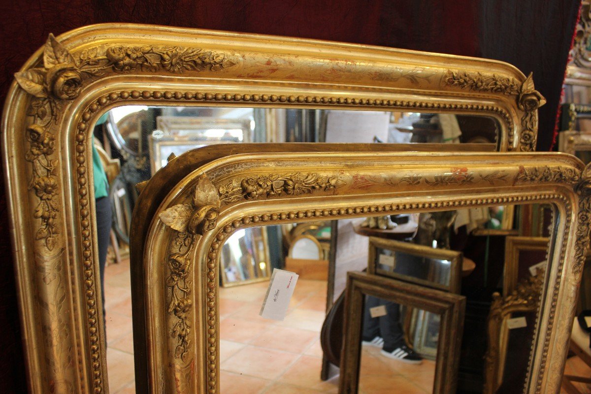 88 X 104 Cm Grande Paire De Miroirs Anciens Rectangles Perlés Feuille d'Or d'Origine -photo-2