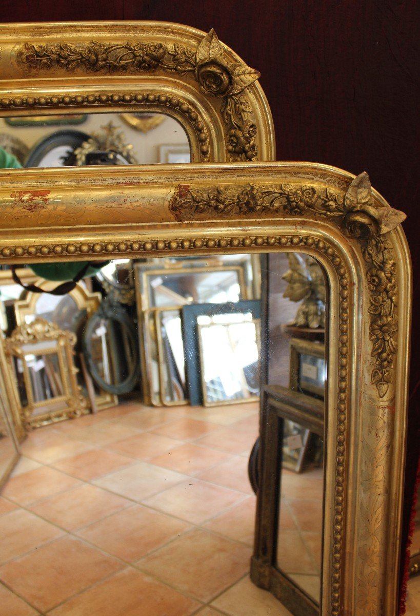 88 X 104 Cm Grande Paire De Miroirs Anciens Rectangles Perlés Feuille d'Or d'Origine -photo-3