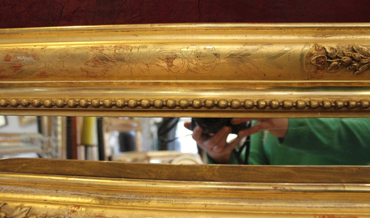 88 X 104 Cm Grande Paire De Miroirs Anciens Rectangles Perlés Feuille d'Or d'Origine -photo-4