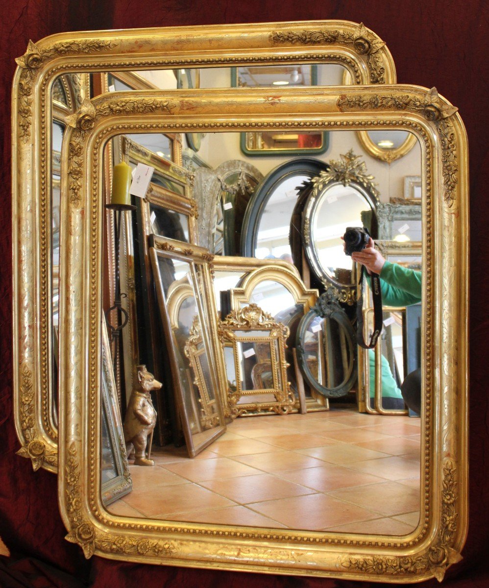 88 X 104 Cm Grande Paire De Miroirs Anciens Rectangles Perlés Feuille d'Or d'Origine 