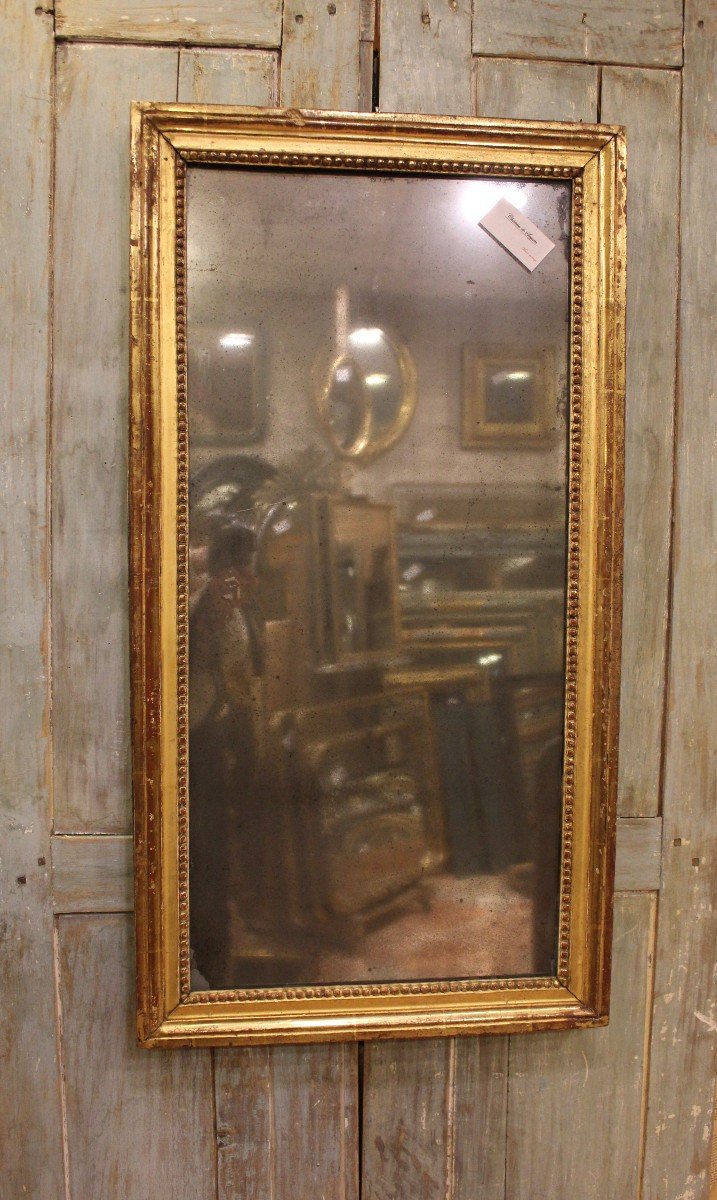 48 X 91 Cm Louis XVI Rectangle Pearl Mirror, Gilded Wood, Mercury Glass