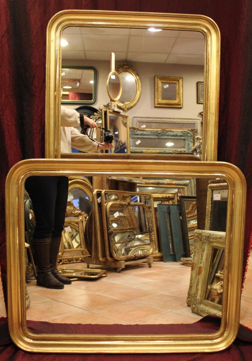 81 X 97 Cm Paire De Miroirs Louis Philippe Perlés, Feuille d'Or