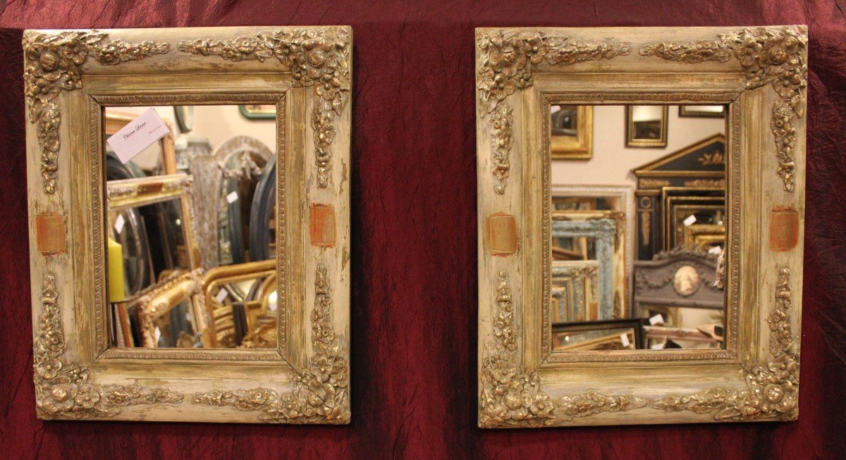 40 X 49 Cm Pair Of Rectangle Mirrors Restoration, Patina And Gold Leaf