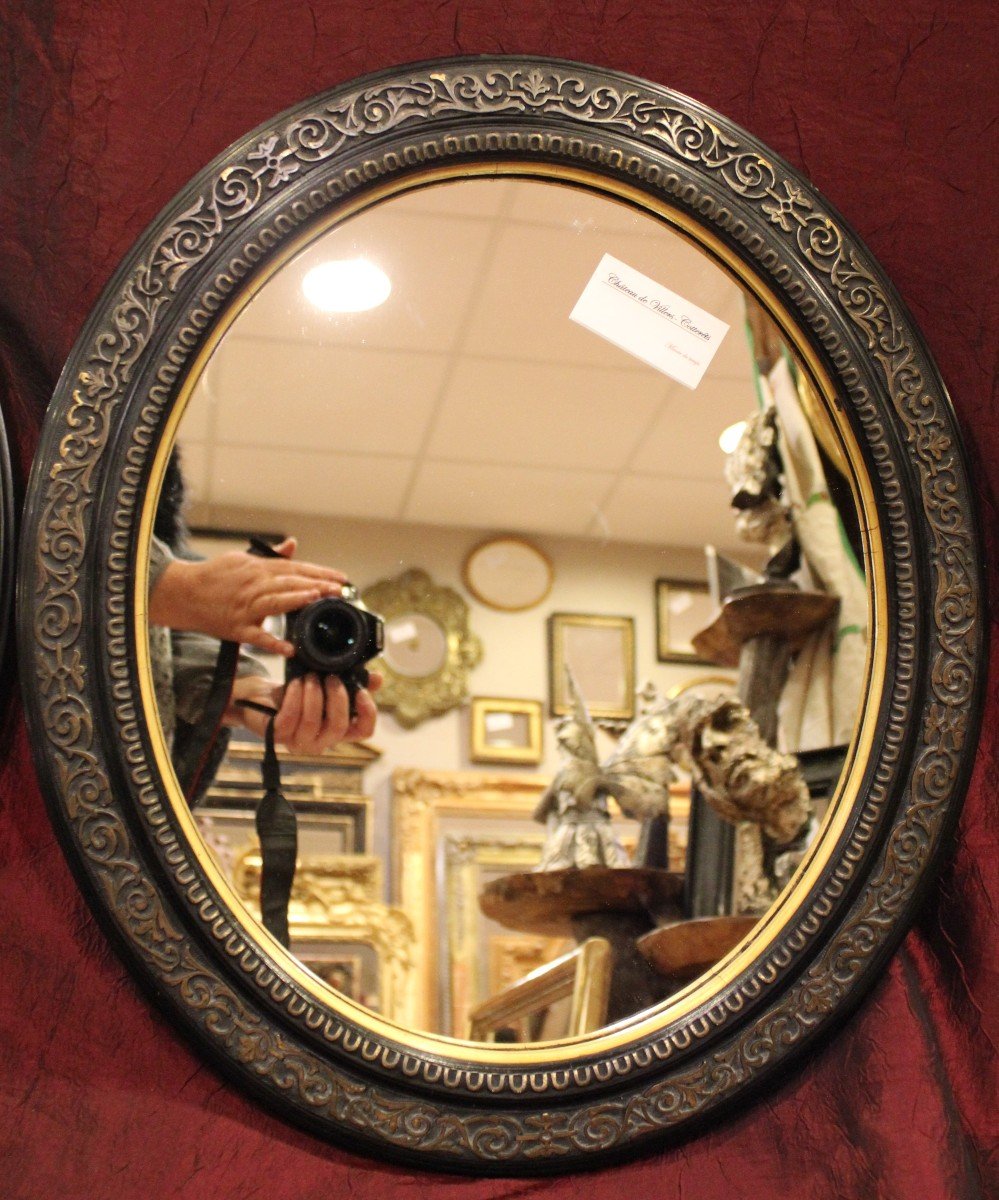 47 X 54 Cm Pair Of Oval Mirrors, Napoleon III Medallion, Black And Gold-photo-2