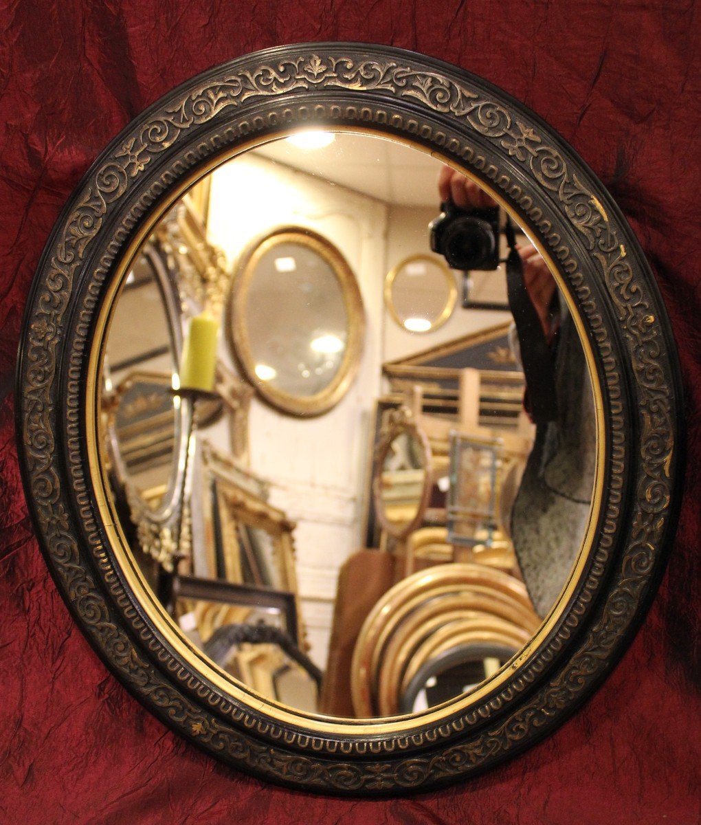 47 X 54 Cm Pair Of Oval Mirrors, Napoleon III Medallion, Black And Gold-photo-3