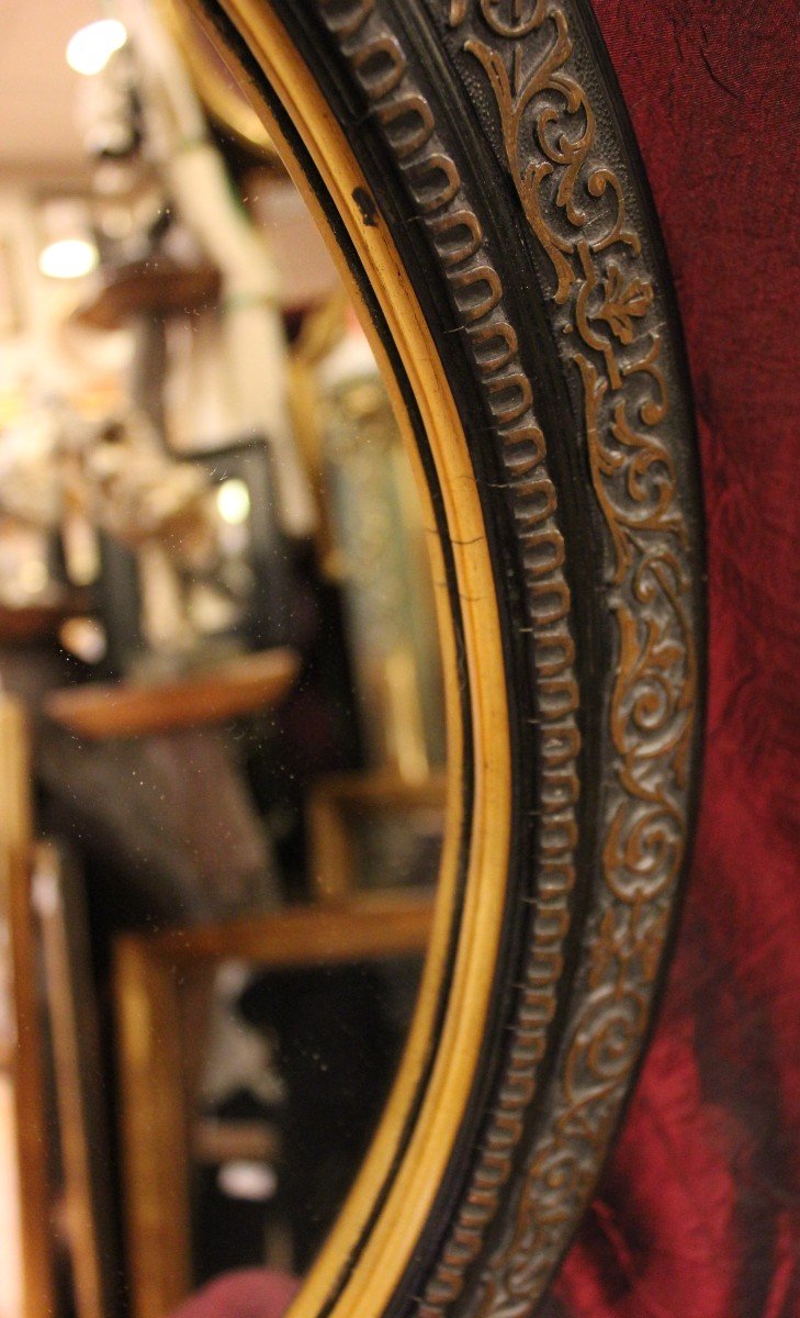 47 X 54 Cm Pair Of Oval Mirrors, Napoleon III Medallion, Black And Gold-photo-1