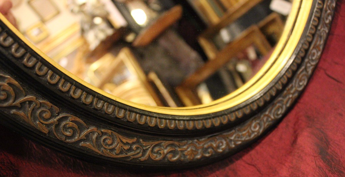 47 X 54 Cm Pair Of Oval Mirrors, Napoleon III Medallion, Black And Gold-photo-2