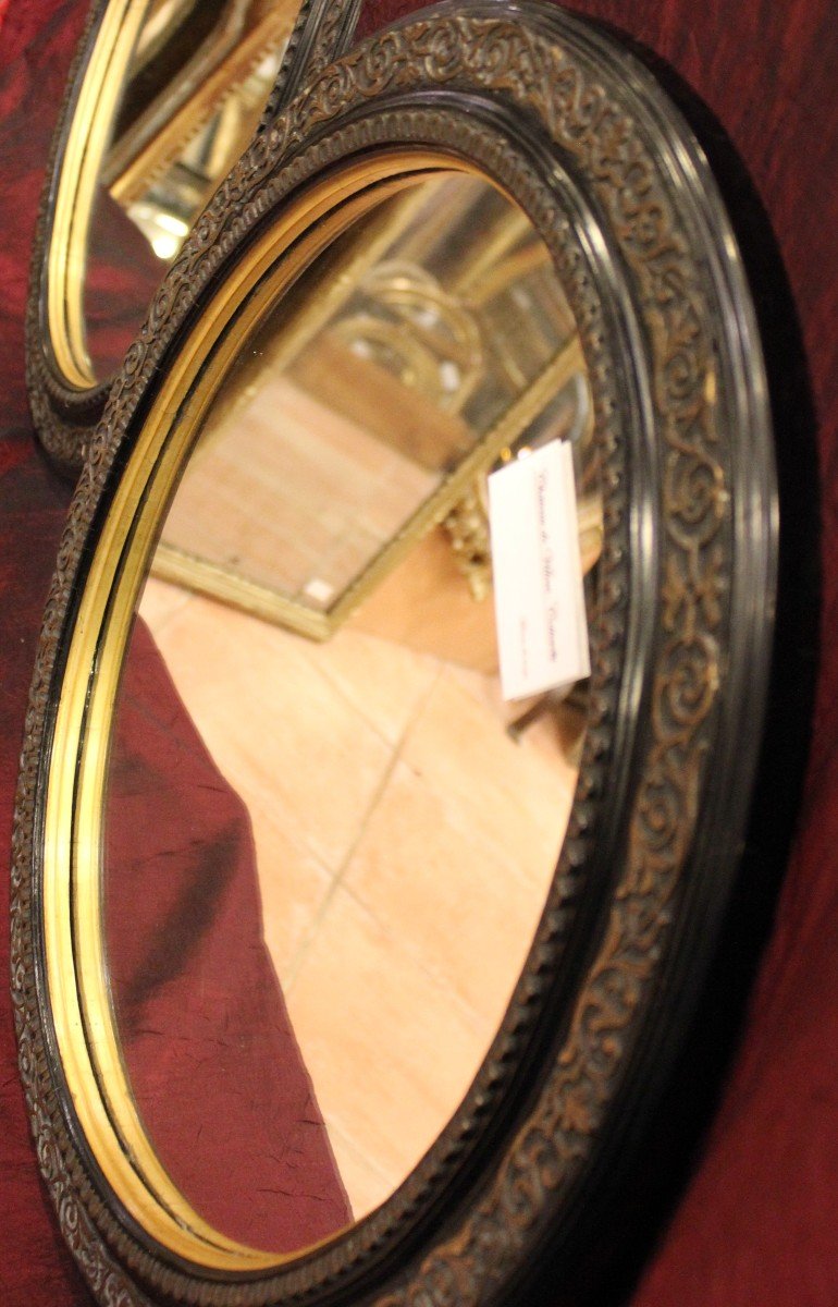 47 X 54 Cm Pair Of Oval Mirrors, Napoleon III Medallion, Black And Gold-photo-3