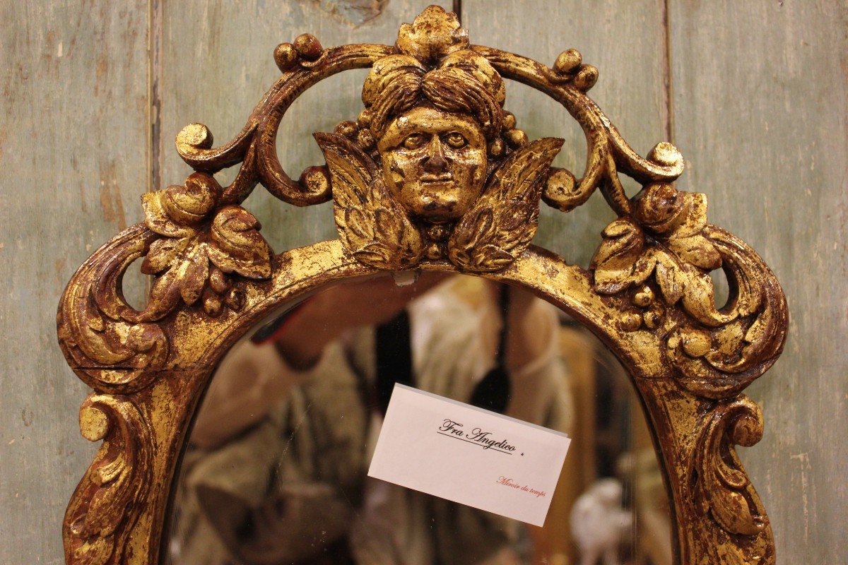 30 X 44 Cm Miroir Ancien Dans Le Goût Gothique Italien Bois Sculpté Et Doré, Glace Mercure-photo-2