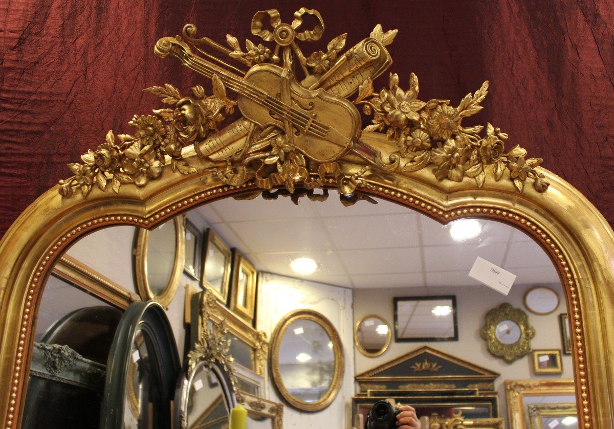 114 X 177 Cm Large Antique Mirror, Gold Leaf Gilding, Violin Decor, Musical Attributes -photo-2