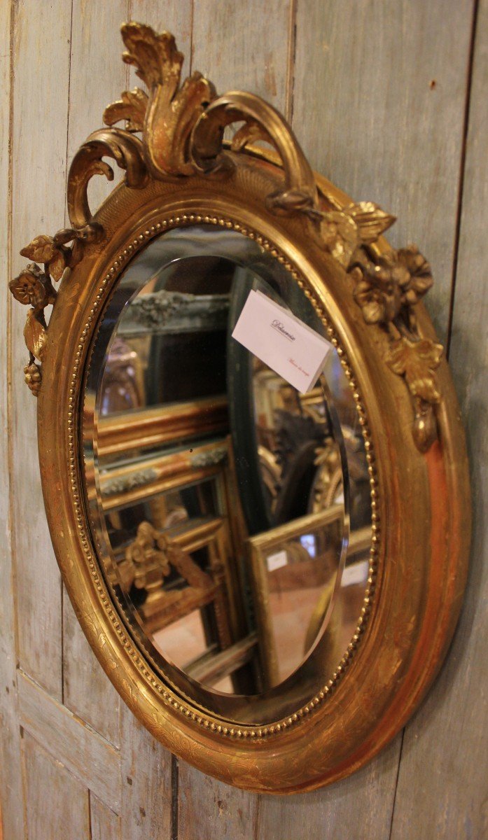 44 X 58 Cm Miroir Ovale perlé Napoléon III, Feuille d'Or Et Glace Biseautée-photo-2