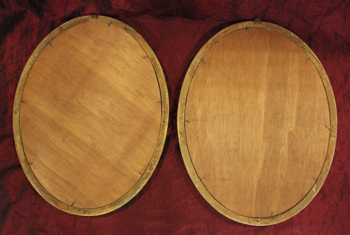 34 X 44 Cm, Pair Of Oval Mirrors With Patina And Gold Leaf-photo-8