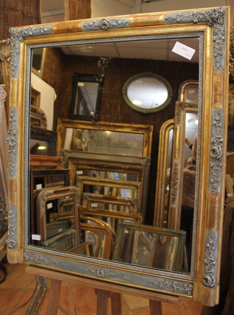 Miroir Ancien De Cheminée Feuille d'Or Et Patine 85 X 99 Cm