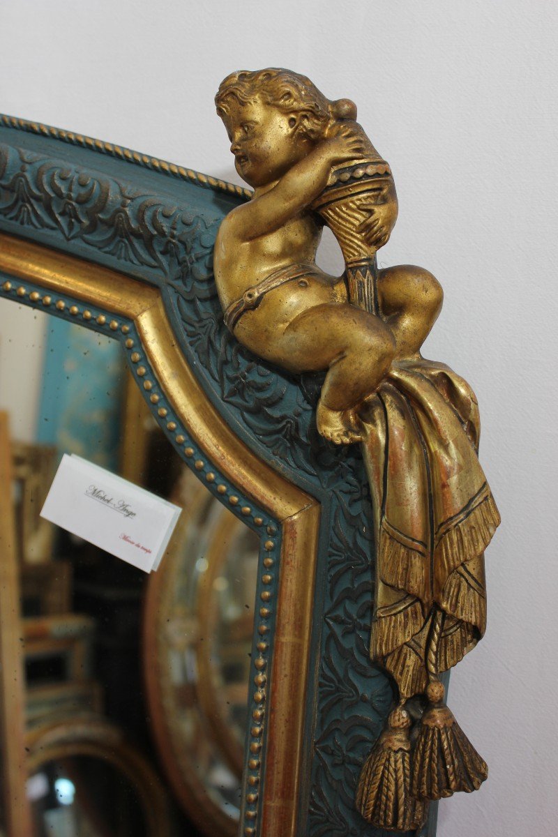 Large Old Mirror With Cherubs And Pediment, Gold Leaf And Patina 113 X 160 Cm-photo-2